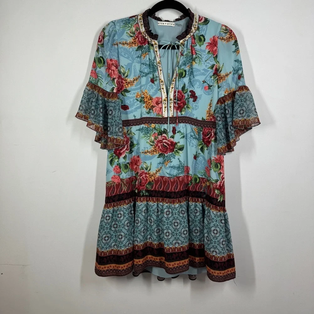 Alice + Olivia Blue Floral Boho Dress Size XS Ruffle Sleeve Tie Neck - Picture 3 of 16